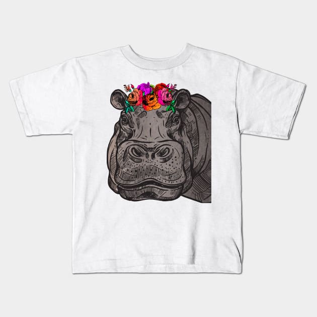 Hippo head - crown of flowers Kids T-Shirt by LittleAna